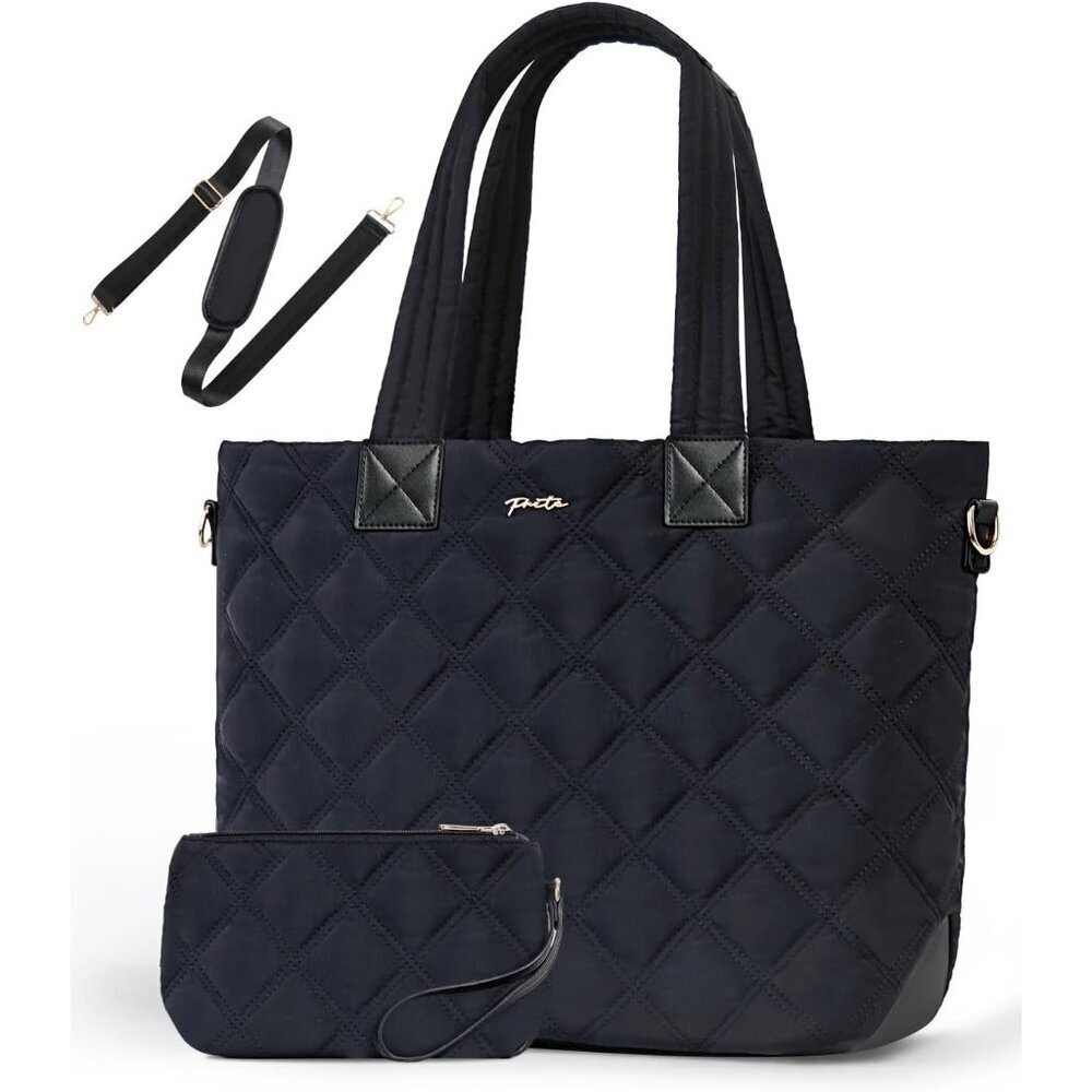 Womens Black Puffer Shoulder Tote Quilted Work Bag Laptop Sleeve Compartment